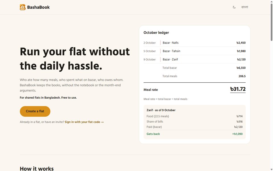 BashaBook home page with a month ledger
